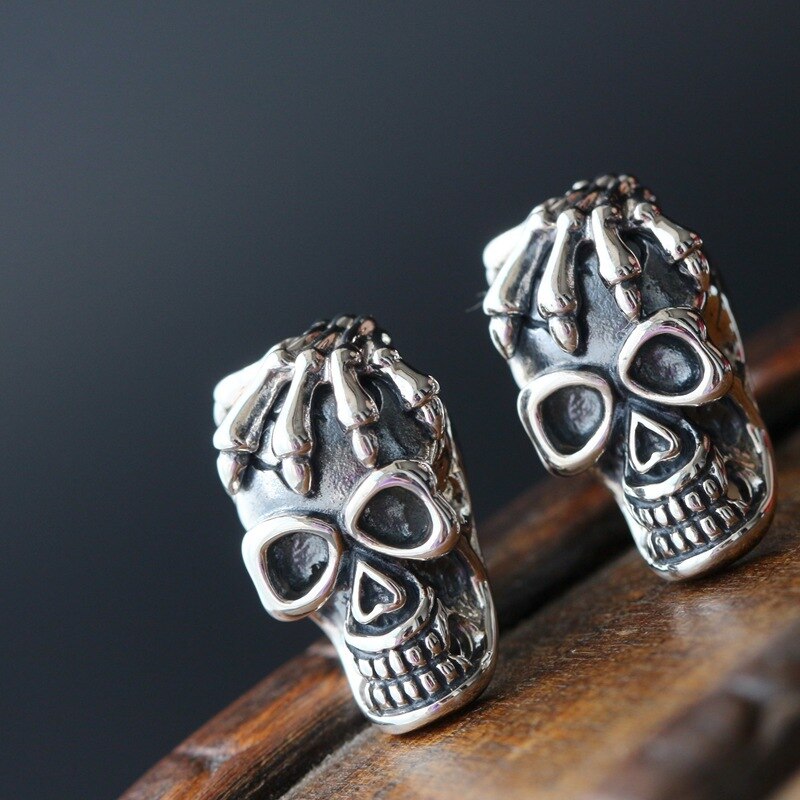 Vintage Thai silver skull stud earrings male hip hop non-mainstream