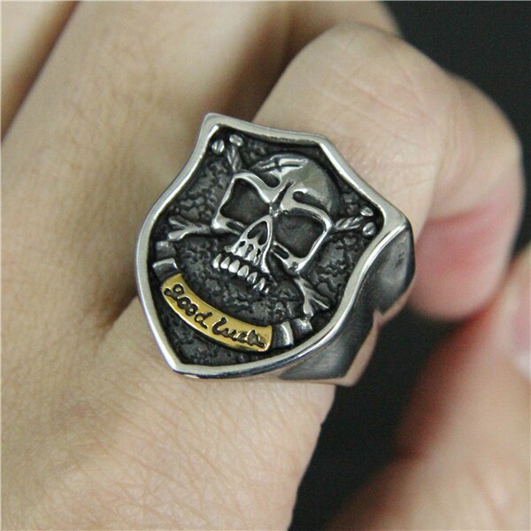 Stainless Steel Mens Women Shield Skull Ring