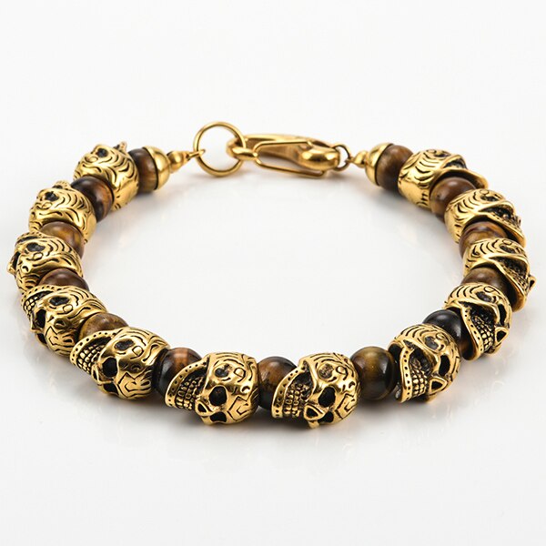 Natural Stone Skull Beads Bracelet Men Gothic Gold Stainless Steel