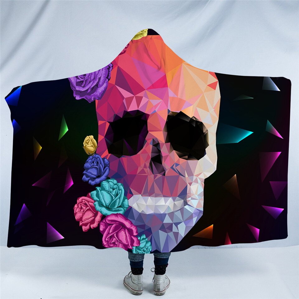 Geometric Skull Hooded Blanket Gothic Colorful Sherpa Fleece Wearable Throw Blanket