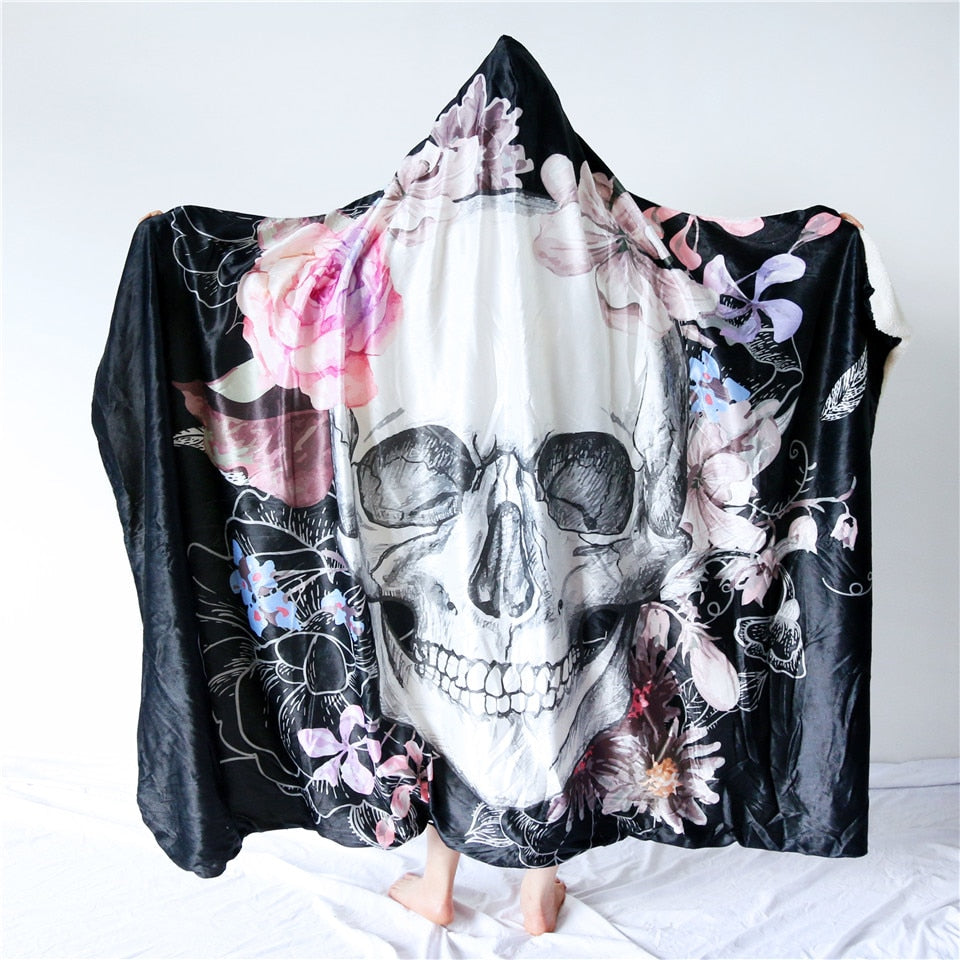 Sugar Skull Flower Hooded Blanket for Adults Floral Gothic Sherpa Fleece Wearable Throw Blanket Microfiber Black