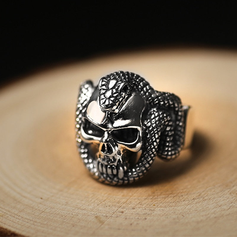 Sterling Silver Skull Ring Men With Snake Big Punk Rock Gift