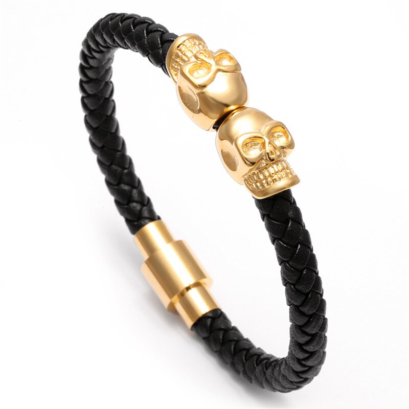 skull bracelet men/Genuine leather/Skeleton/Skull/bracelet homme Black