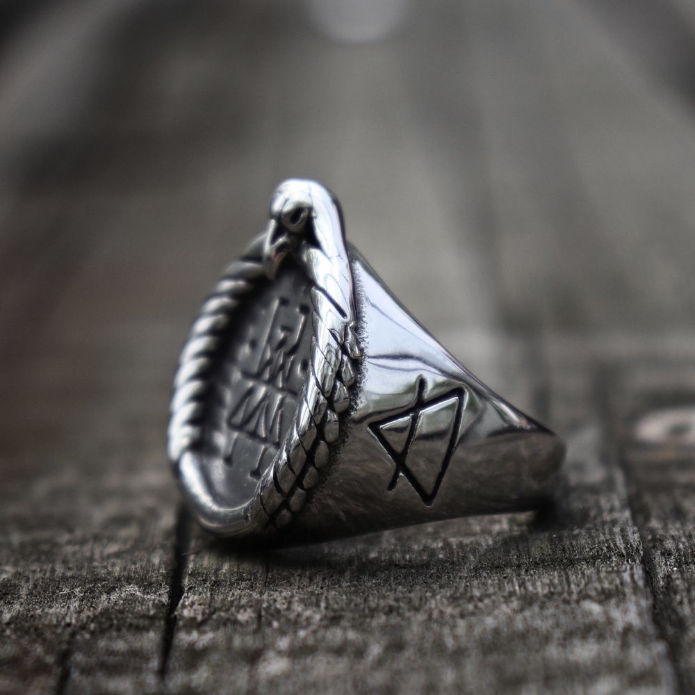 Crow Skull Rune Signet Rings Mens Viking Silver