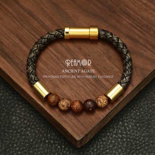 2019 Men Black Braided Leather Bracelets Natural Stone Bracelet
