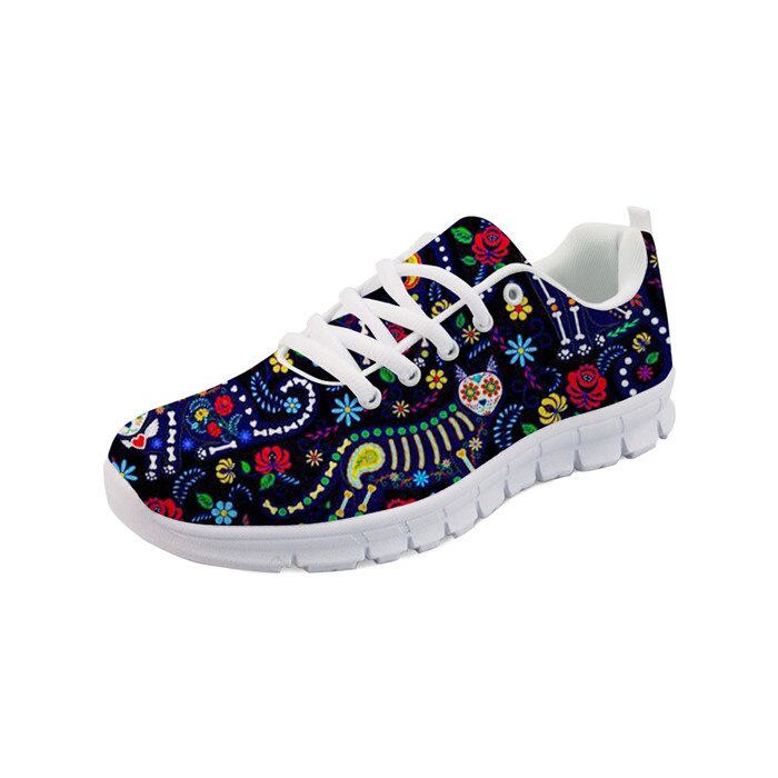 Women Flats Shoes Sugar Skull Calavera Pattern Lace Up Sneakers Running Shoes