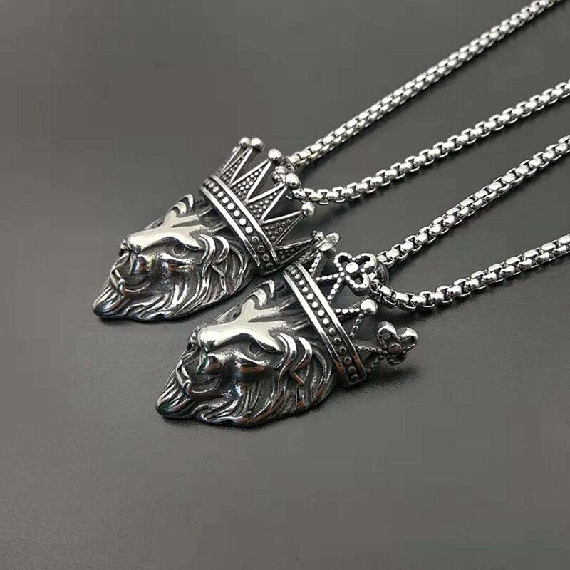 Punk Rock Titanium Steel Crown Lion Head Men Pendants Necklaces