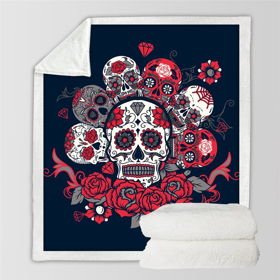 Sugar Skull Blanket Roses Microfiber Sherpa Sofa Throw Blanket