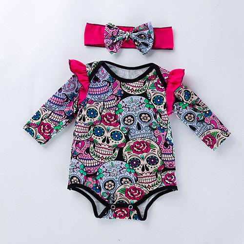Set of 2 pcs: Baby Girl Boy Bodysuit Long Sleeve Skull Print Newborn Infant Suit & Headband