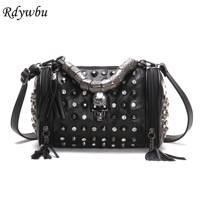 Genuine Leather Tassels Skull Handbag Women Luxury Rock