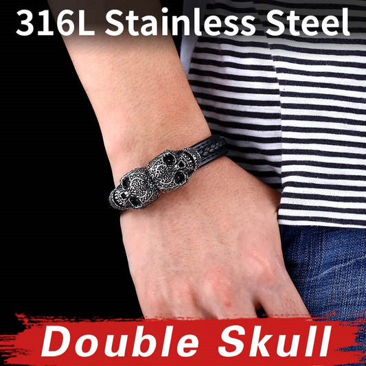 Cool Punk Double Skull Bracelet For Man 316 Stainless Steel