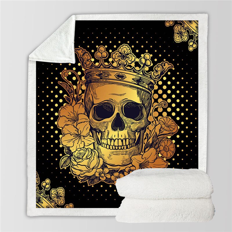 Skull Collection Sherpa Blanket Floral Golden Plush Sofa Throw Blanket