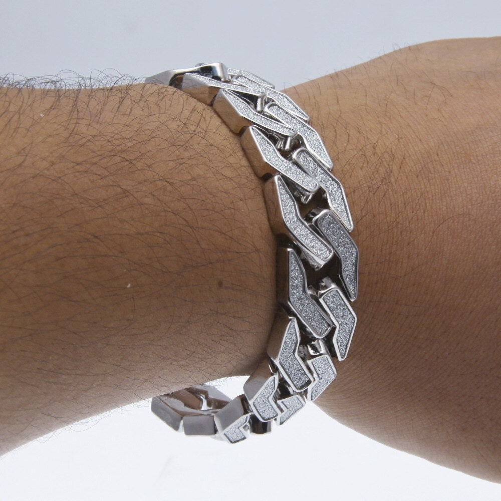 16mm Mens Sand Blast Bracelet Bangle Cuban Chain Link Iced Out