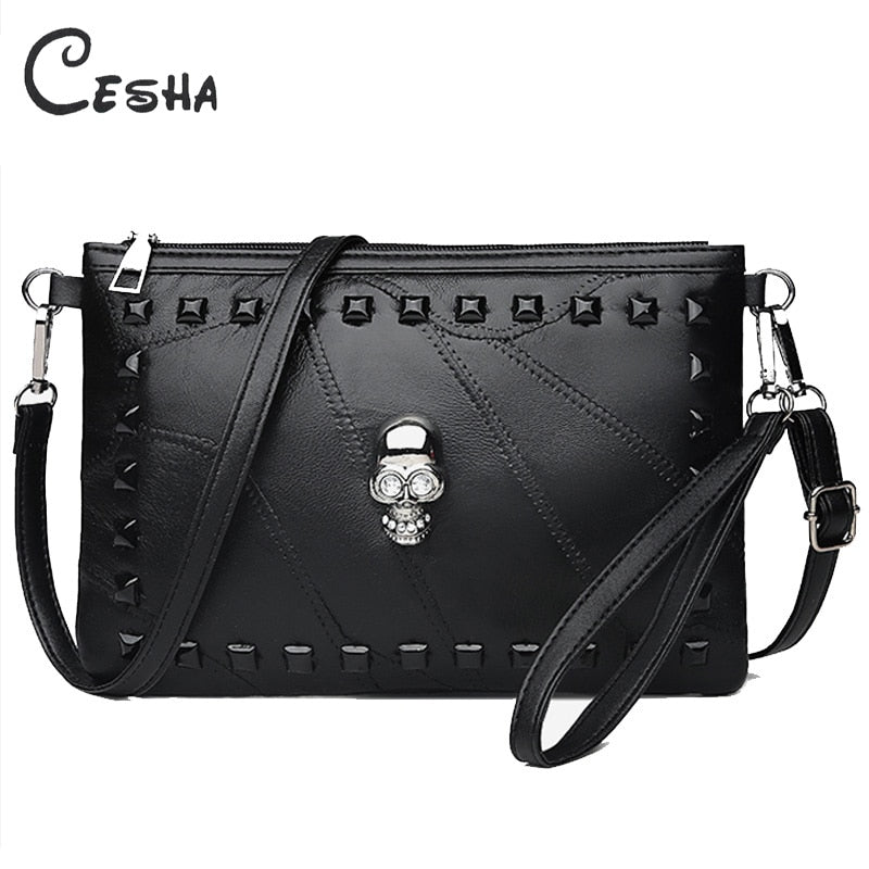 Fashion Patchwork Sheepskin Leather Women Handbag Fashion Skull