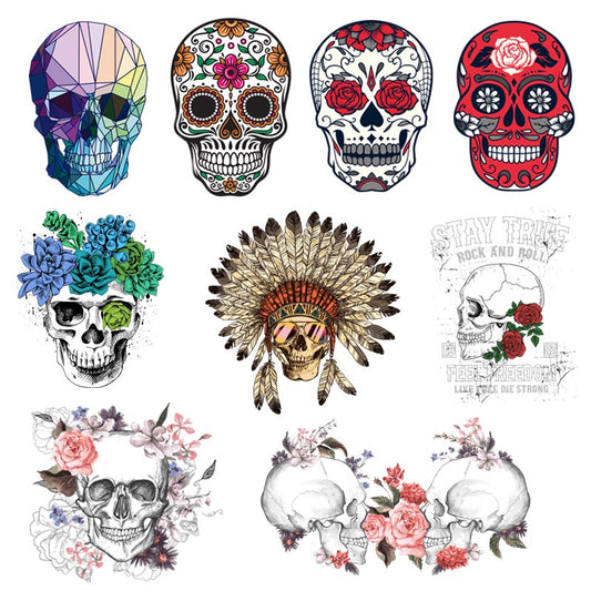 Fashion Punk Skull Patches Print On T-shirt A-level Washable Iron On Transfer Colorful Sugar Skull