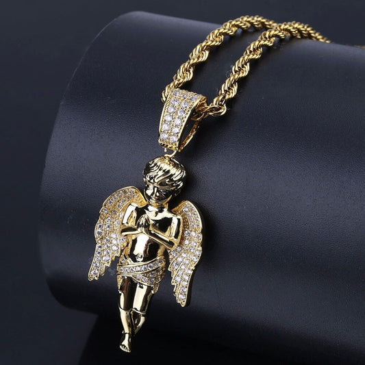 AAA+ Zircon Bling Ice Out Cupid Angel Pendant Necklaces Gold