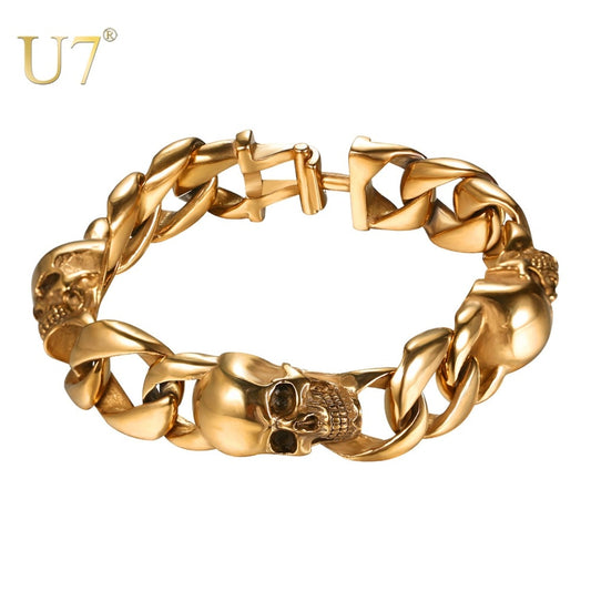 U7 Skull Bracelets Cuban Link Skeleton Rocker Punk Bangle