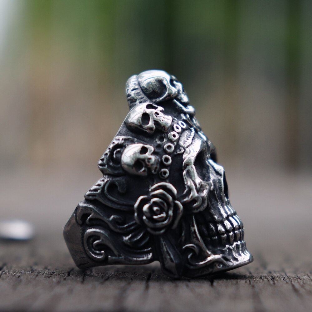 Cool Santa Muerte Death Skull Ring Unique Mens Stainless Steel