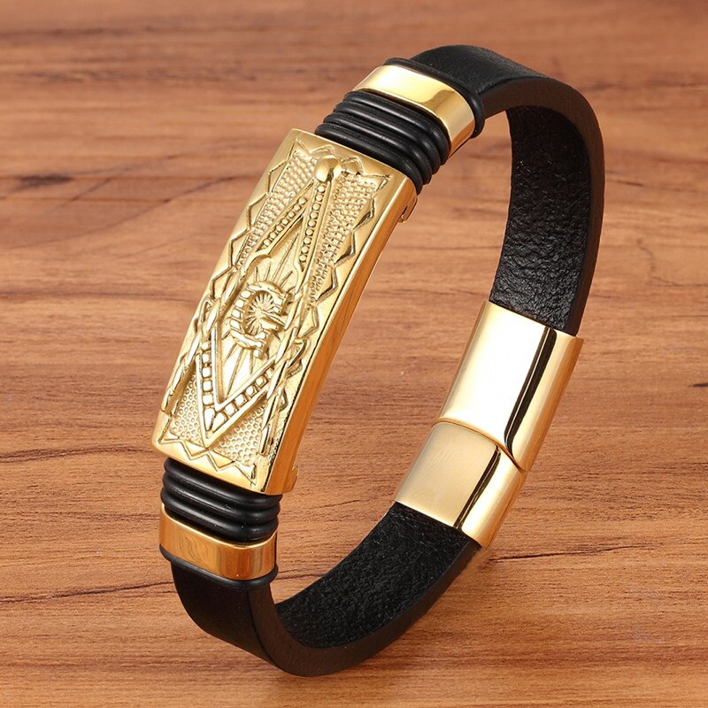 Brand Punk Men's Natural Leather Stainless Steel Gold