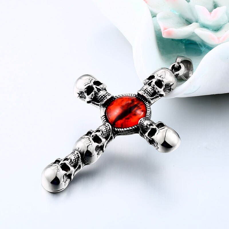 Vintage Cross Skull with Claw Evil Red Eye Necklace Pendant