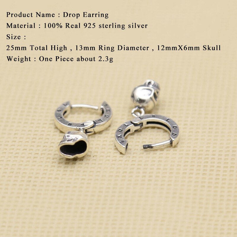 Punk Fashion Drop Earring 100% Real 925 Sterling Silver Fine Jewelry