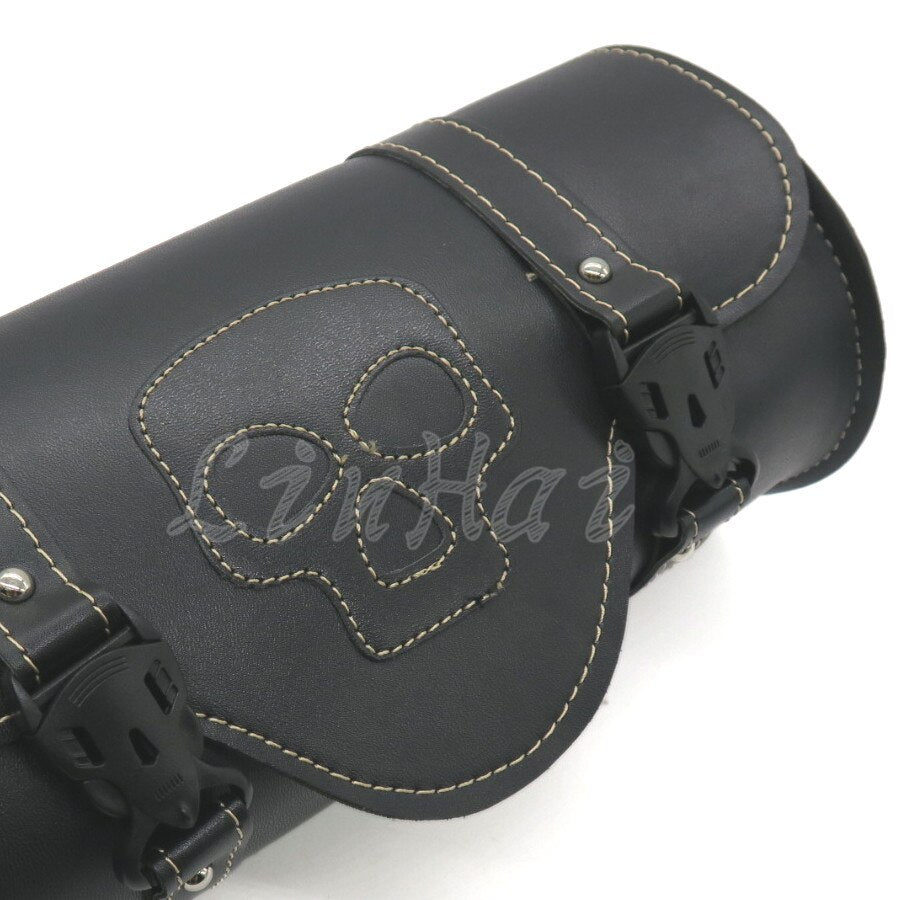 Motorcycle Skull Saddlebag PU Leather Round Barrel Saddle Tool Bag