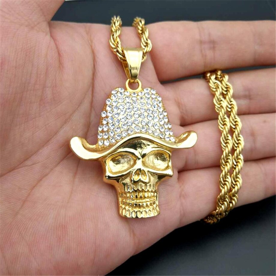 Stainless Steel Skull & Skeleton Pendant Necklace For Women Men Gold Color