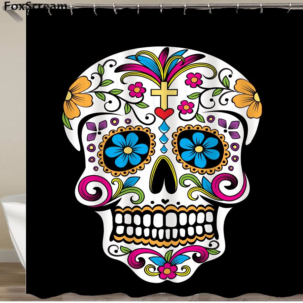 Mexican Fabric Sugar Skull show Curtains Cartoon Colored Skull  Shower Curtain Bathroom Waterproof  Polyester With Hooks