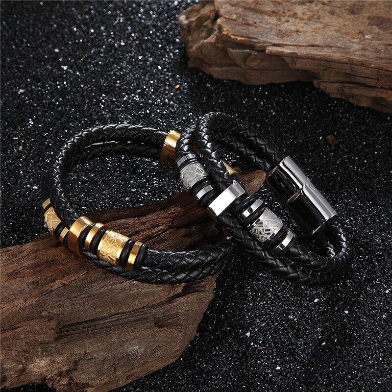 Punk Genuine Leather Bracelet Double Layer Black Gold