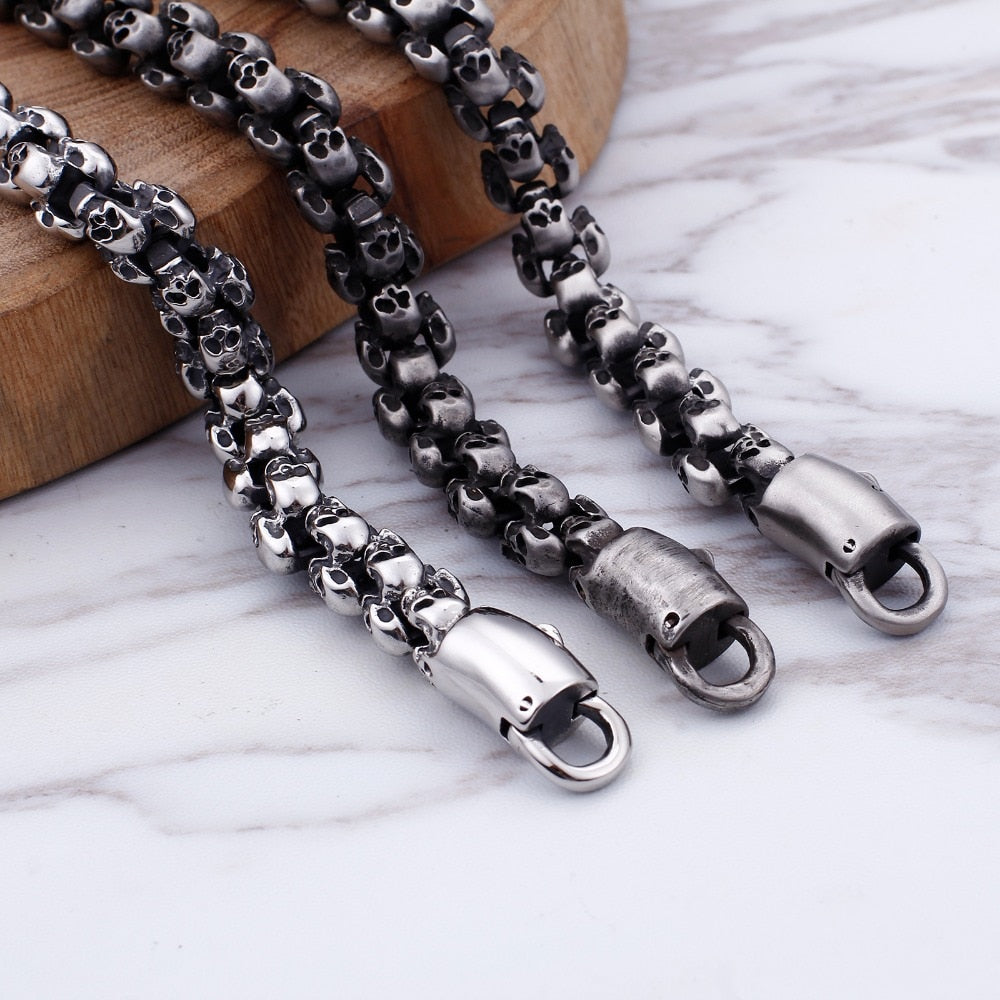 Punk Long Matte Skull Necklace & Bracelets For Men Stainless Steel