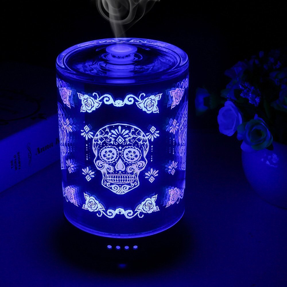 Essential Oil Diffuser Metal Skull Flower Pattern 7 Color Changing Lights