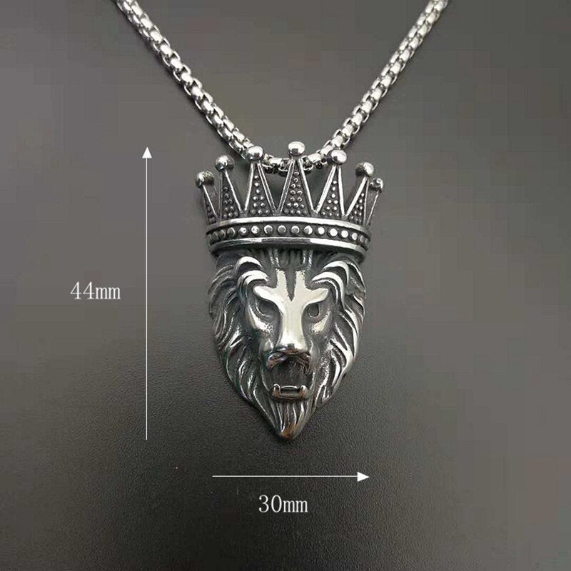 Punk Rock Titanium Steel Crown Lion Head Men Pendants Necklaces