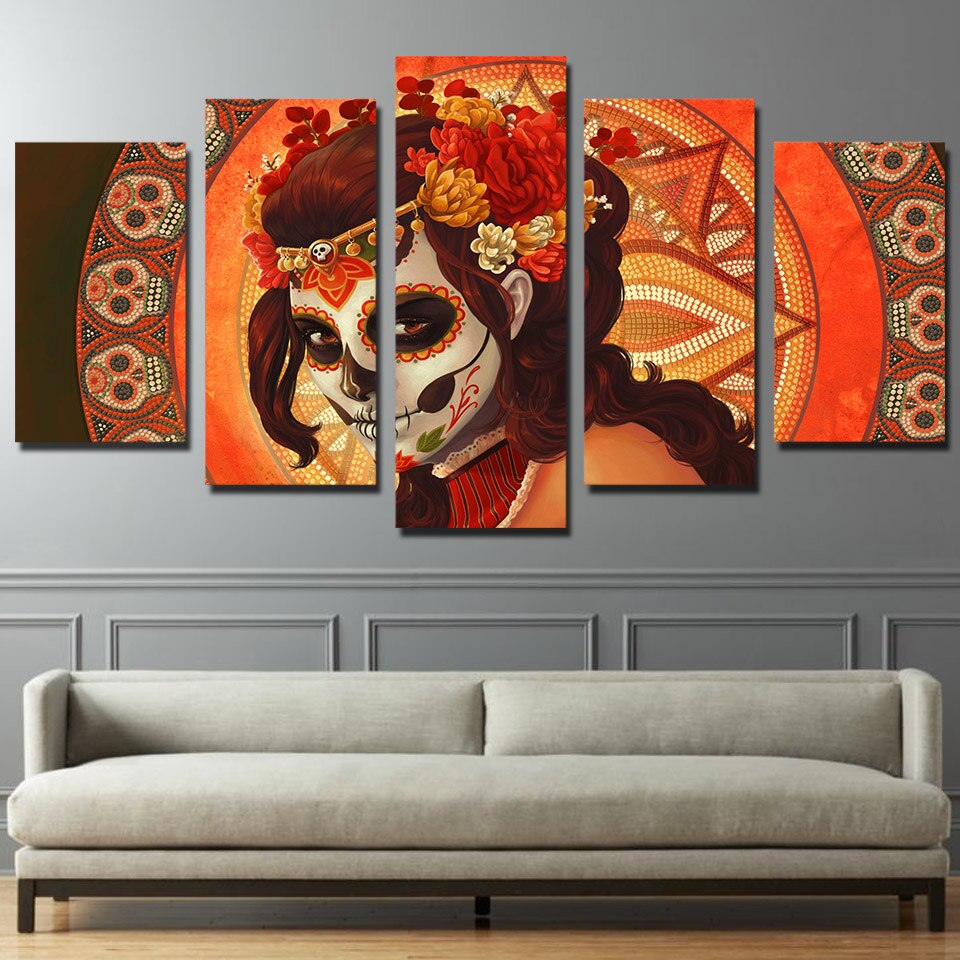 HD 5 piece Canvas Art HD Printed Day of the Dead Face sugar skull