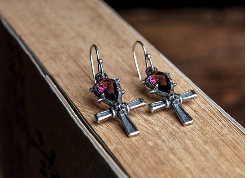 100% 925 Sterling Silver Drop Earrings Crystal Cross And Skull Shape Earrings