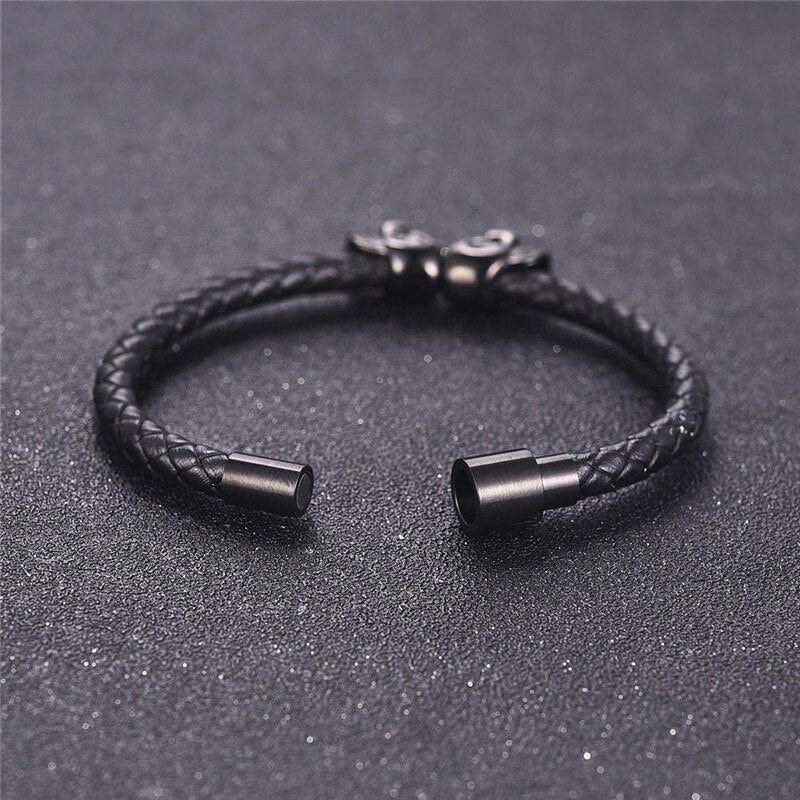 Jiayiqi Black Leather Bracelet for Men Jewelry Skull Stainless Steel