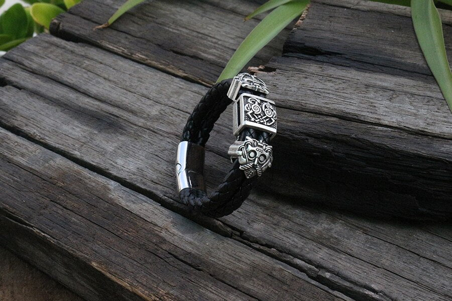 viking slavic Cowhide bracelet men Black Braided Leather Cuff Stainless Steel