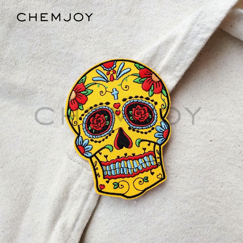 Yellow Mexican Skull Embroidered Skull Patch for Clothing Iron on Sewing Applique for Jackets Jeans Clothes Stickers Badges