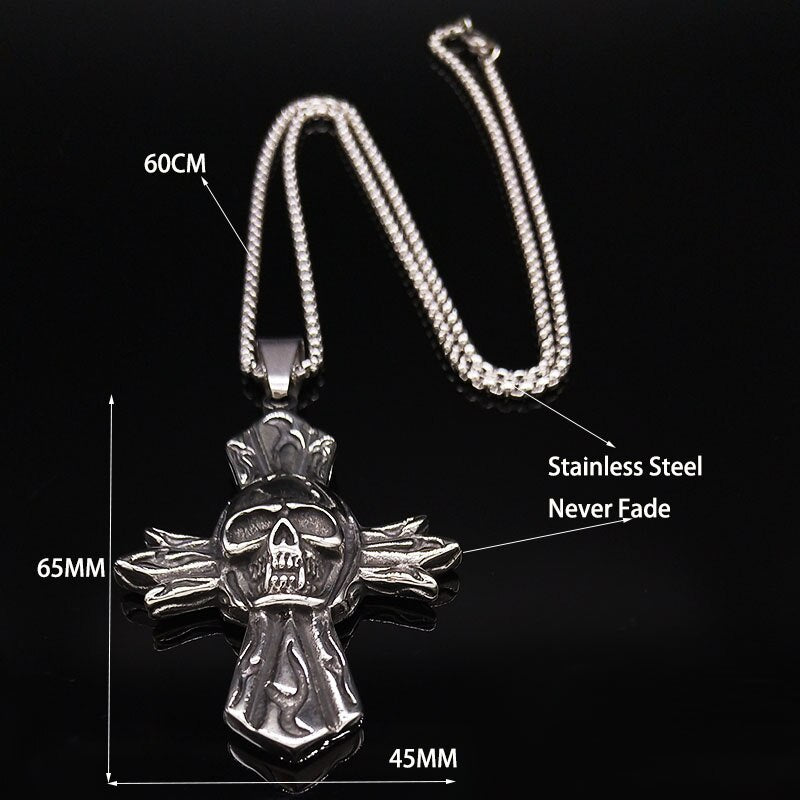 2020 Gothic Skull Cross Stainless Steel Big Necklace Men Silver