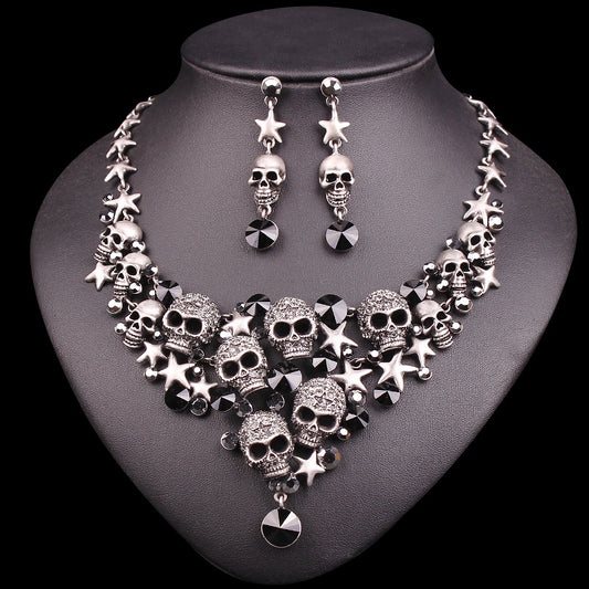 Vintage Crystal Skull Jewelry Sets Punk Statement Necklace Earrings Retro Skeleton