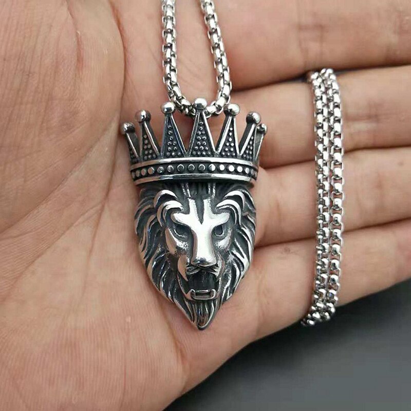 Punk Rock Titanium Steel Crown Lion Head Men Pendants Necklaces