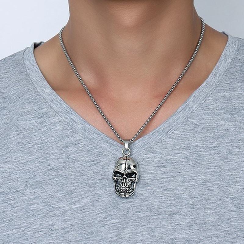 Men's Stainless Steel Skull Pendant Necklace in Tone Biker