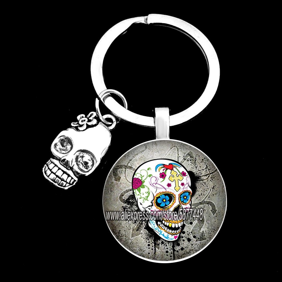 Exquisite Colorful Sugar Skull Pendent Glass Keychain Skeleton and Flower Key Ring for Unisex