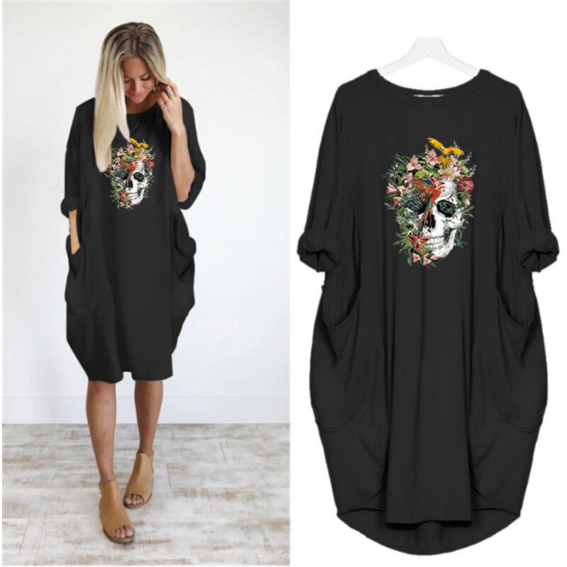 Plus Size 5XL Women's Dress Skull Print Long Sleeve O Collar Pocket