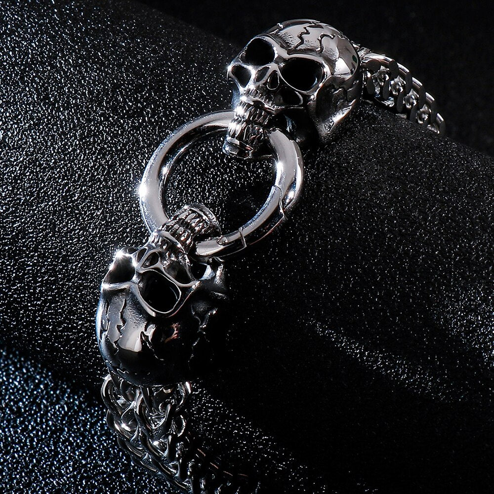 Gothic Double Skull Bracelet For Men 316L Stainless Steel Heavy