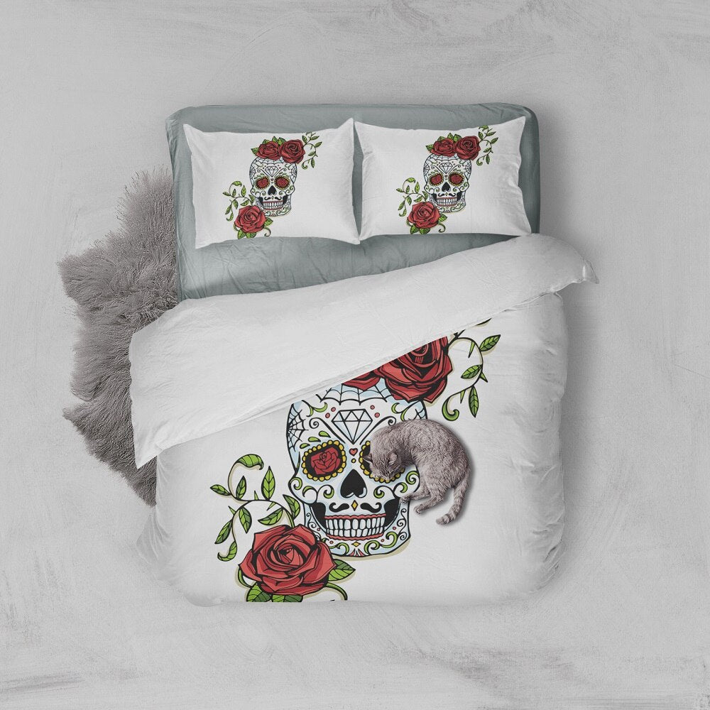 Sugar Skull Bedding Set Black White Duvet Cover Set Rose Print Bed Linen