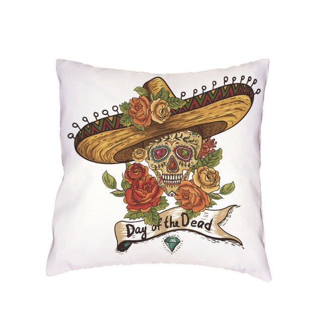 Colorful Sugar Skull Polyester Cushion Cover White Mexican Style