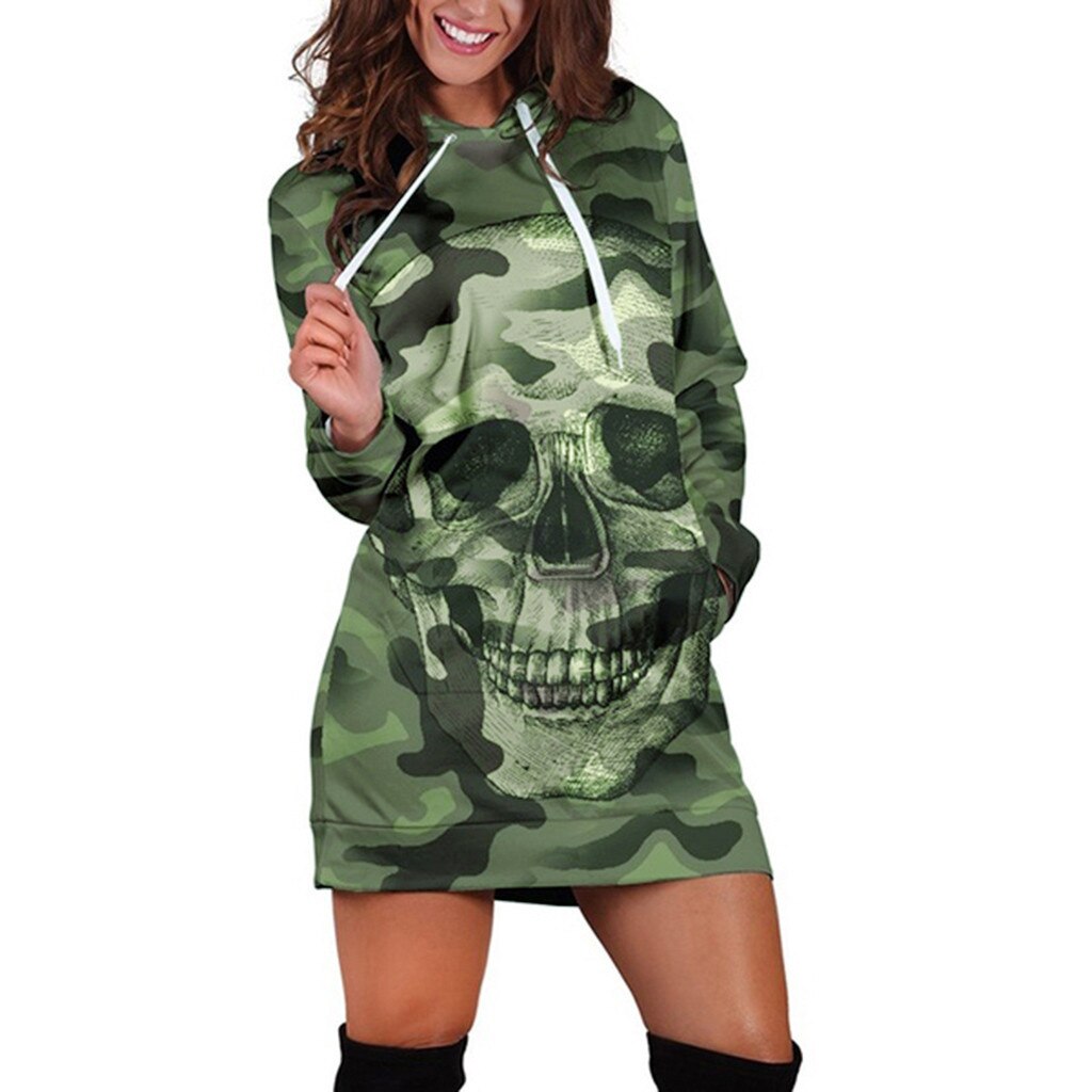 Sweashirt Dress Women Long Sleeve Casual Hooded Camouflag Skull