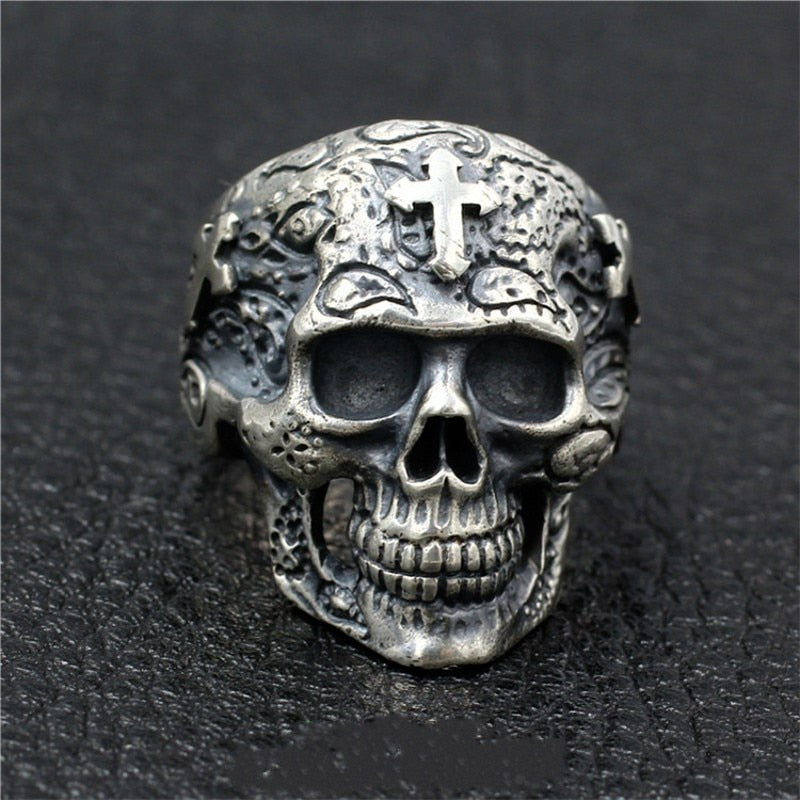 S925 pure silver skull men's ring handmade cross ghost head