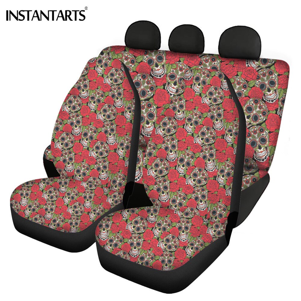 Newest Luxury Sugar Skull Pattern Design Lady Car Seat Covers Non-slip Washable Full Set Front/Back Car Seat Cushion