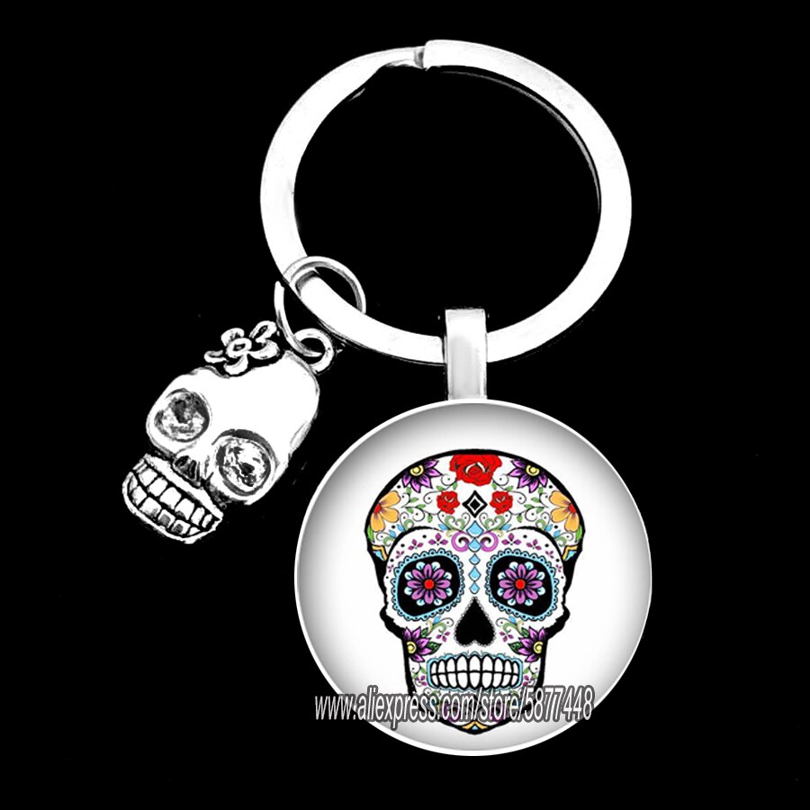 Exquisite Colorful Sugar Skull Pendent Glass Keychain Skeleton and Flower Key Ring for Unisex